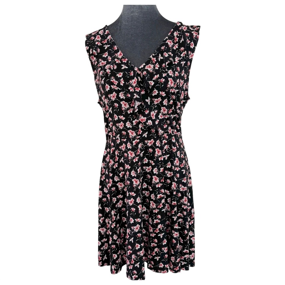 FORTUNE +‎ IVY Women's Black Floral Print V Neck Sleeveless Mini Dress Size LP